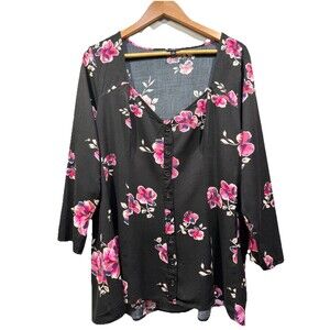 TORRID Women's Size 2 (2X) Fit & Flare Black Floral Tunic Stretchy Hi-Lo Top